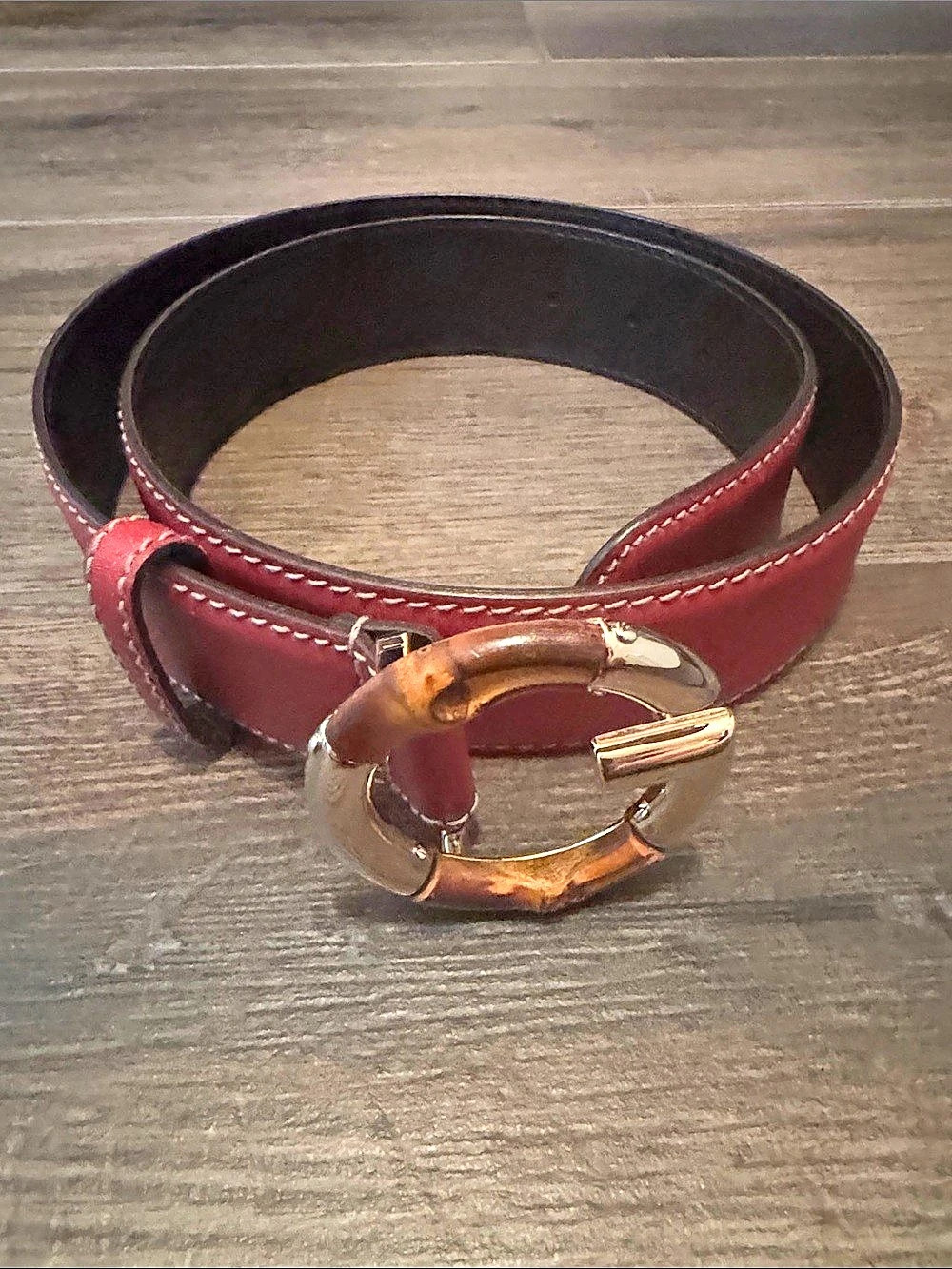 Gucci Interlocking G Bamboo Buckle Leather Belt Red Leather